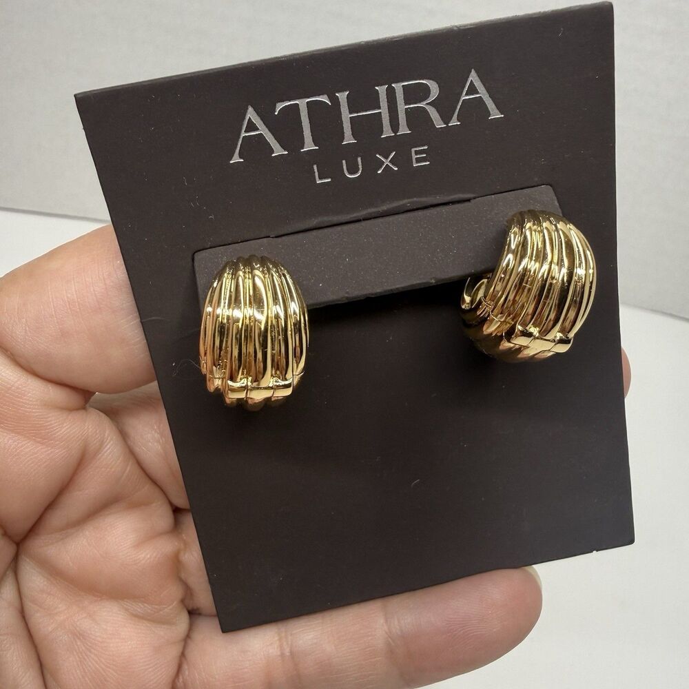 ATHRA LUXE Dolce Sole Ribbed Dome Huggie Hoop Earrings 14k Gold Plated New